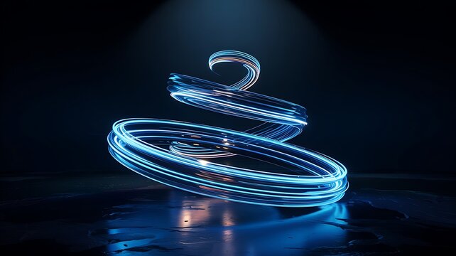 Abstract neon blue light trails forming a swirling serpent or dragon shape in dark studio