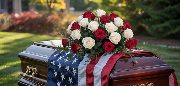 A solemn casket draped with the american flag adorned with a beautiful bouquet of red and white roses