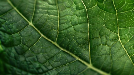Fototapeta premium Close-up of a green leaf showcasing intricate veins and textures. The leaf is vibrant and healthy, reflecting natural beauty and detail.