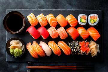 Fresh sushi platter offering various nigiri, maki rolls, soy sauce, wasabi, and pickled ginger on dark background