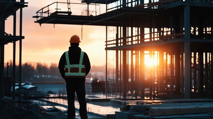 Civil engineer stands gazing at the construction site, created by Generative AI to showcase professional engineering scenes. Suitable for industry promotion, project reports