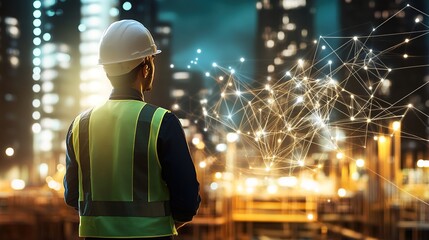 Civil engineer stands gazing at the construction site, created by Generative AI to showcase professional engineering scenes. Suitable for industry promotion, project reports