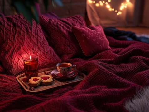 Cozy interior scene with warm lighting and soft textures