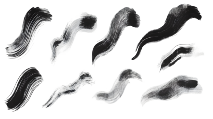 Collection of black ink brush strokes isolated on transparent background for design element
