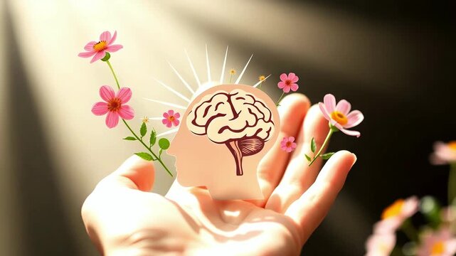 Hand holding paper symbol of human head, brain with flowers. The concept of mental health care, psychotherapy, harmony, positive thinking