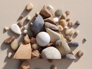 Sand and stone-toned stylized flatlay on 3D layered triangle pattern