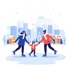 A happy family enjoys ice skating together in a picturesque winter city setting.