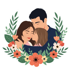 A loving family embrace surrounded by beautiful spring flowers and greenery.