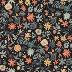 A densely packed floral and leaf pattern in various autumnal colors on a black background.