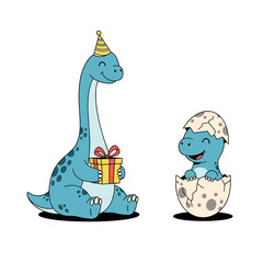 A friendly blue dinosaur with a party hat gives a present to a baby dinosaur hatching from an egg.
