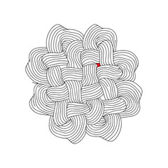 An intricate abstract design of woven lines in black and white with a single red accent.
