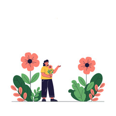 A person tends to a small potted plant surrounded by large blooming flowers and lush green foliage in a cheerful garden setting.