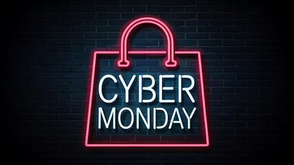 Bright neon sign in the shape of a shopping bag with the words cyber monday glowing in white against a dark brick wall background
