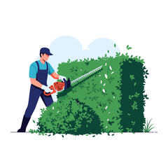 Gardener meticulously trimming a lush green hedge with a powerful electric trimmer.