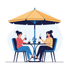 Two friends enjoying coffee together at an outdoor cafe under an umbrella.