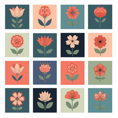 A collection of stylized floral illustrations in warm and cool tones.