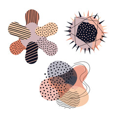 Abstract organic shapes with diverse textural patterns and muted color palette.