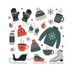A festive collection of winter clothing and accessories including hats mittens and skates.