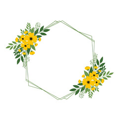 A delicate hexagonal frame adorned with vibrant yellow flowers and lush green leaves.