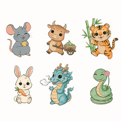 
Cute Chinese Zodiac Animals Watercolor Set