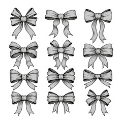 Collection of decorative grey bows with ribbon tails for crafting and design.