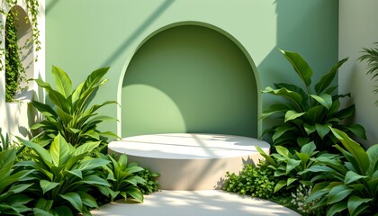 A presentation podium nestled in an indoor garden setting, perfect for product display