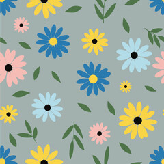 A charming and whimsical pattern featuring a variety of colorful daisy-like flowers and green leaves scattered across a muted grey background.