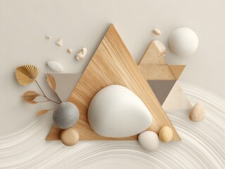 Sand and stone-toned stylized flatlay on 3D layered triangle pattern