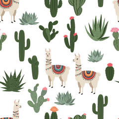 A charming seamless pattern featuring adorable llamas and various desert succulents and cacti for a playful bohemian aesthetic.