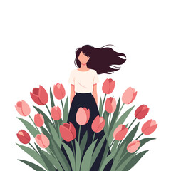 A woman stands surrounded by a vibrant garden of blooming tulips.