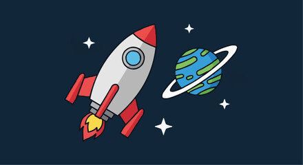 Illustration of a rocket ship flying through space with a planet and stars, perfect for childrens books and educational materials