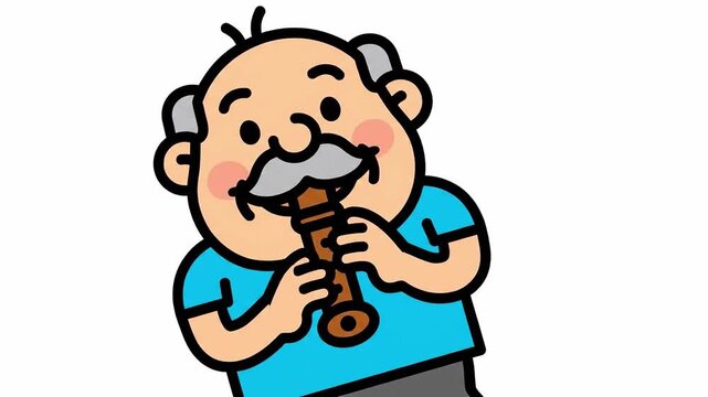 Animated elderly man happily plays flute music with cheerful expression cartoon motion graphics