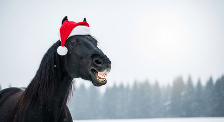 Close-up of a black horse wearing a Santa hat in a snowy scene, representing holiday humor and animal participation in Christmas celebrations
