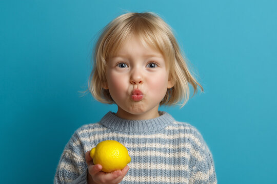 A young girl having her first taste of a sour lemon. Cute puckered face and lips. Short blond hair. Holding a lemon in her hand. Copy space