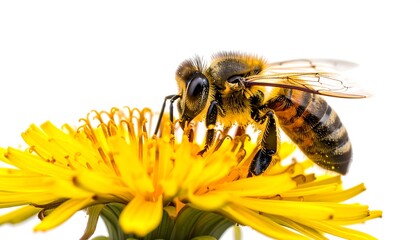 Honeybee collecting pollen from a bright yellow dandelion flower.
