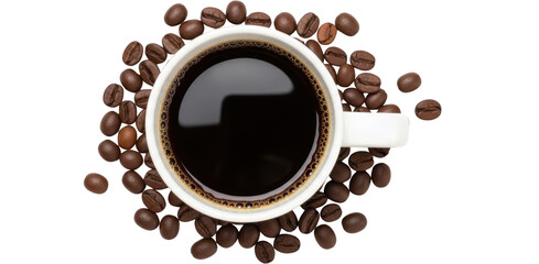 Obraz premium Top View Of A White Ceramic Mug Filled With Dark Black Coffee Surrounded By Roasted Coffee Beans Isolated Transparent Background Beverage Drink Transparent Background