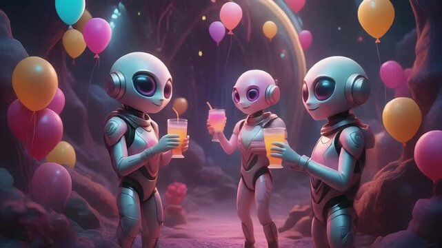 Three adorable aliens celebrate with vibrant cocktails and balloons at an extraterrestrial party
