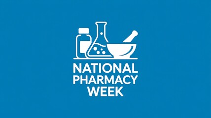 National pharmacy week celebration with iconic symbols of medicinal preparation and healthcare on a vibrant blue background