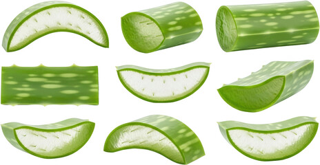 Multiple aloe vera plant slices and segments display vibrant green outer leaves and translucent white gel interior showcasing detailed texture and pattern isolate