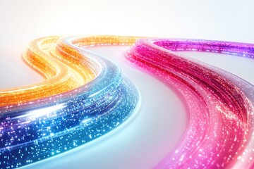 Dynamic abstract image showing glowing, multi-colored light paths, resembling fiber optic data streams or energetic technological connections, sparkling brightly.