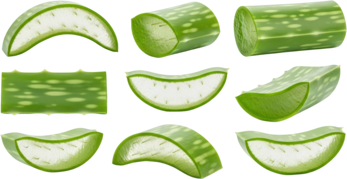 Multiple aloe vera plant slices and segments display vibrant green outer leaves and translucent white gel interior showcasing detailed texture and pattern isolate