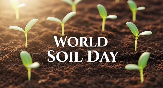 Seedlings emerging from soil celebrating world soil day in a field under bright sunlight view from ground - Powered by Adobe