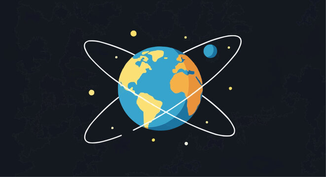 Illustration of a globe with orbiting electrons, symbolizing global connectivity, scientific research, and international collaboration in a modern design - Powered by Adobe