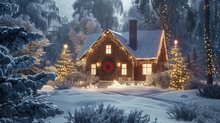 Snow-covered house with Christmas lights and wreath surrounded by decorated pine trees in a winter forest at dusk.