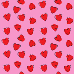 Vector seamless pattern with hand-drawn red hearts. Suitable for packaging, printing, cards, wallpaper, banners, scrapbooking, textiles, and holiday design.