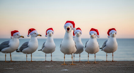 Seven Gulls Wearing Red Santa