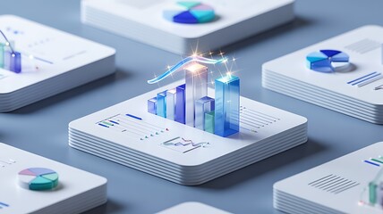 Abstract futuristic digital art showcasing glowing blue and purple geometric shapes and data visualizations on minimalist white platforms