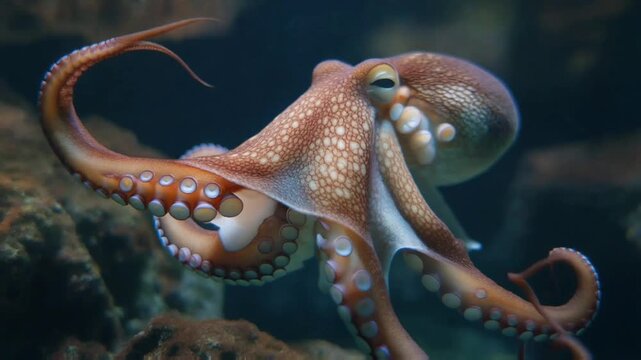 Cinematic macro shot of an octopus floating calmly, detailed texture of tentacles, soft reflection, balanced deep-sea lighting, noise-free, clean water tone.