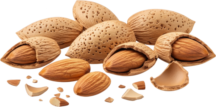 A selection of whole almonds in their shells and shelled almonds some cracked open with scattered almond pieces isolate cracked almonds nuts natural food