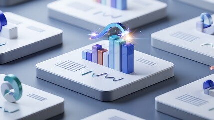 Abstract futuristic digital data visualization with glowing geometric shapes and bars on a grid surface